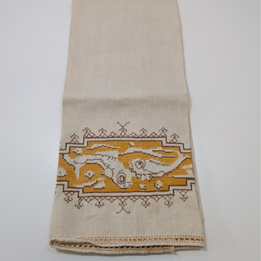 Vtg Linen Hand‎ Towel Cross Stitch Embroidery Yellow Brown Geometric 25x16 MCM